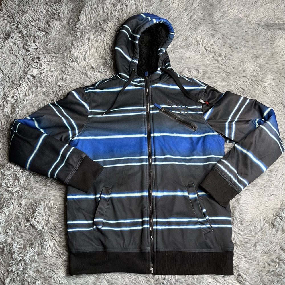 No Fear Jacket Mens Medium Vintage Y2K 90s Sherpa Lined Black Blue Coat Striped